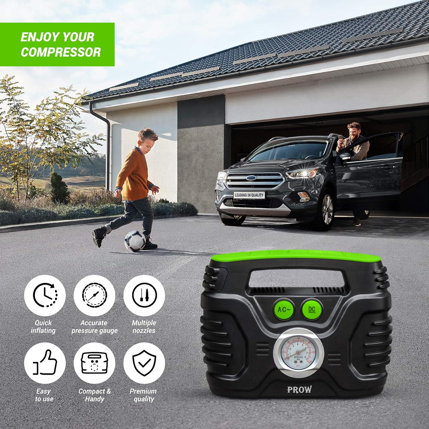 Portable Air Compressor Tire Inflator AC/DC Electric Pump with Analog Pressure Gauge N837031