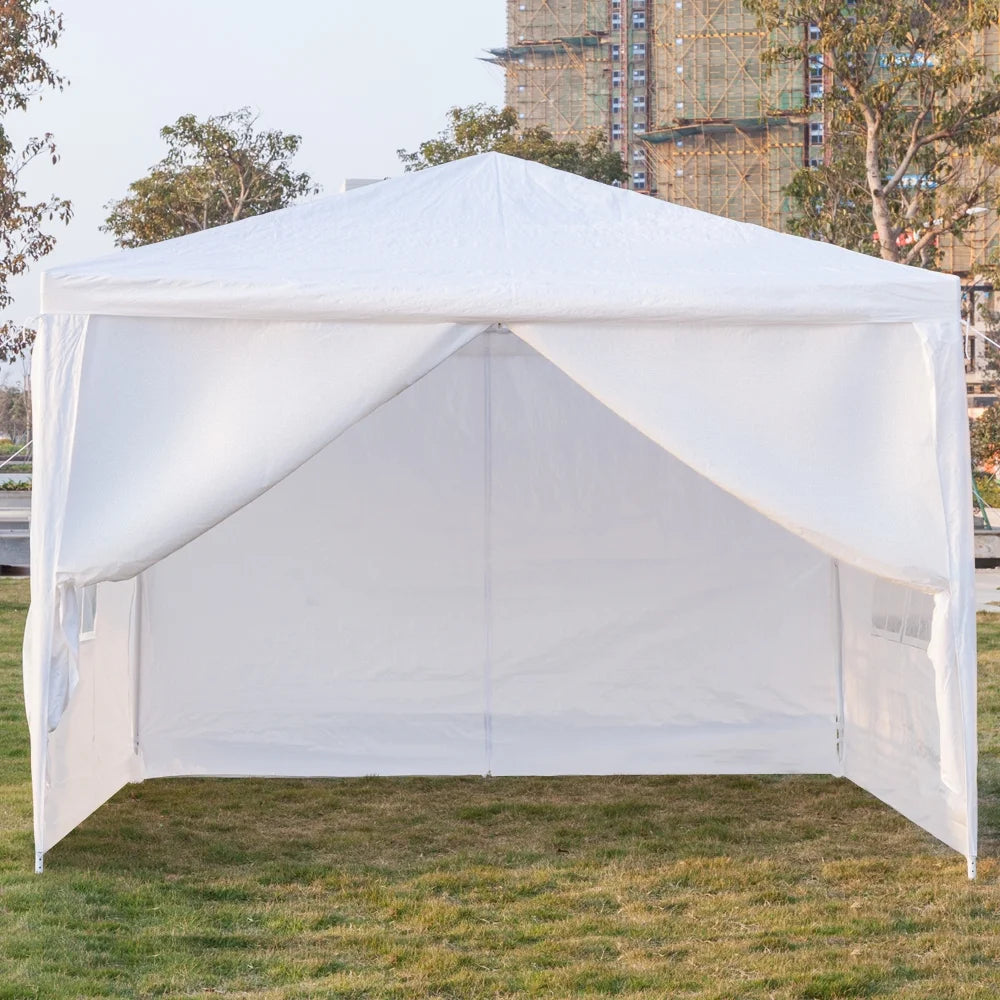 White 10x10ft Pop Up Canopy Tent with 4 Removable Side Walls Y89199