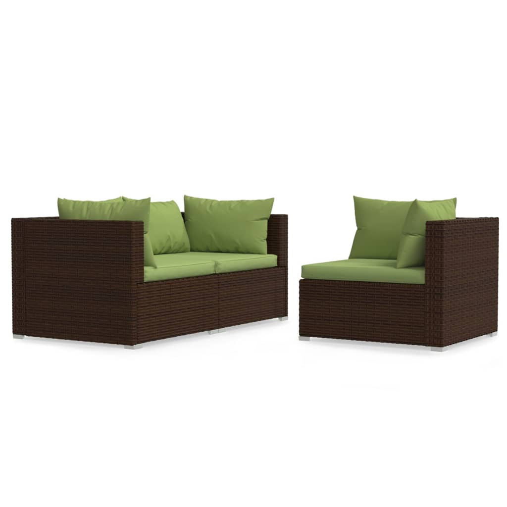 3 Piece Patio Lounge Set with Green Cushions Brown Poly Rattan Outdoor Sectional Sofa Set Steel Frame C6524
