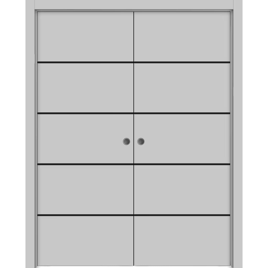 Sliding French Double Pocket Doors 48 x 84 inches Grey Matte with Frosted Glass Solid Wood Interior Doors J98650