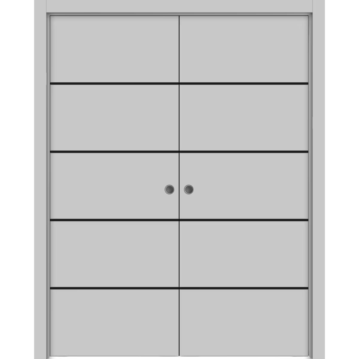 Sliding French Double Pocket Doors 48 x 84 inches Grey Matte with Frosted Glass Solid Wood Interior Doors J98650