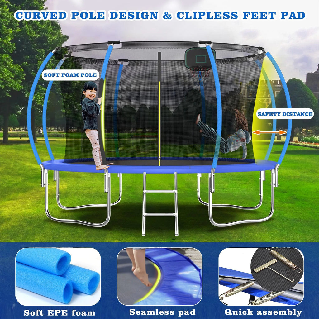 12FT Blue Outdoor Kids Trampoline with Basketball Hoop & Enclosure I710650