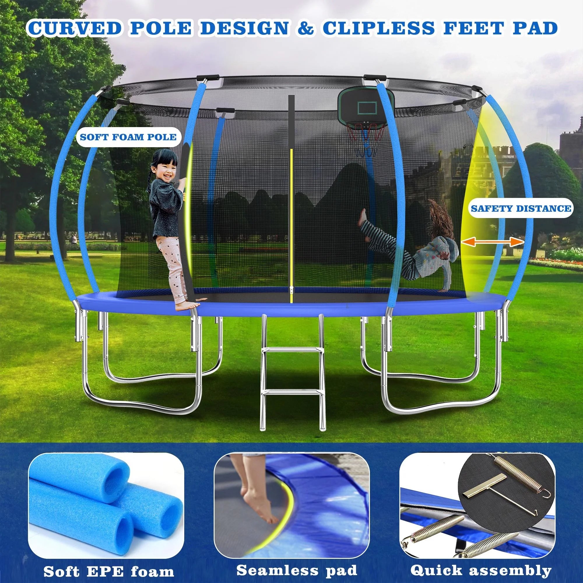 12FT Blue Outdoor Kids Trampoline with Basketball Hoop & Enclosure I710650