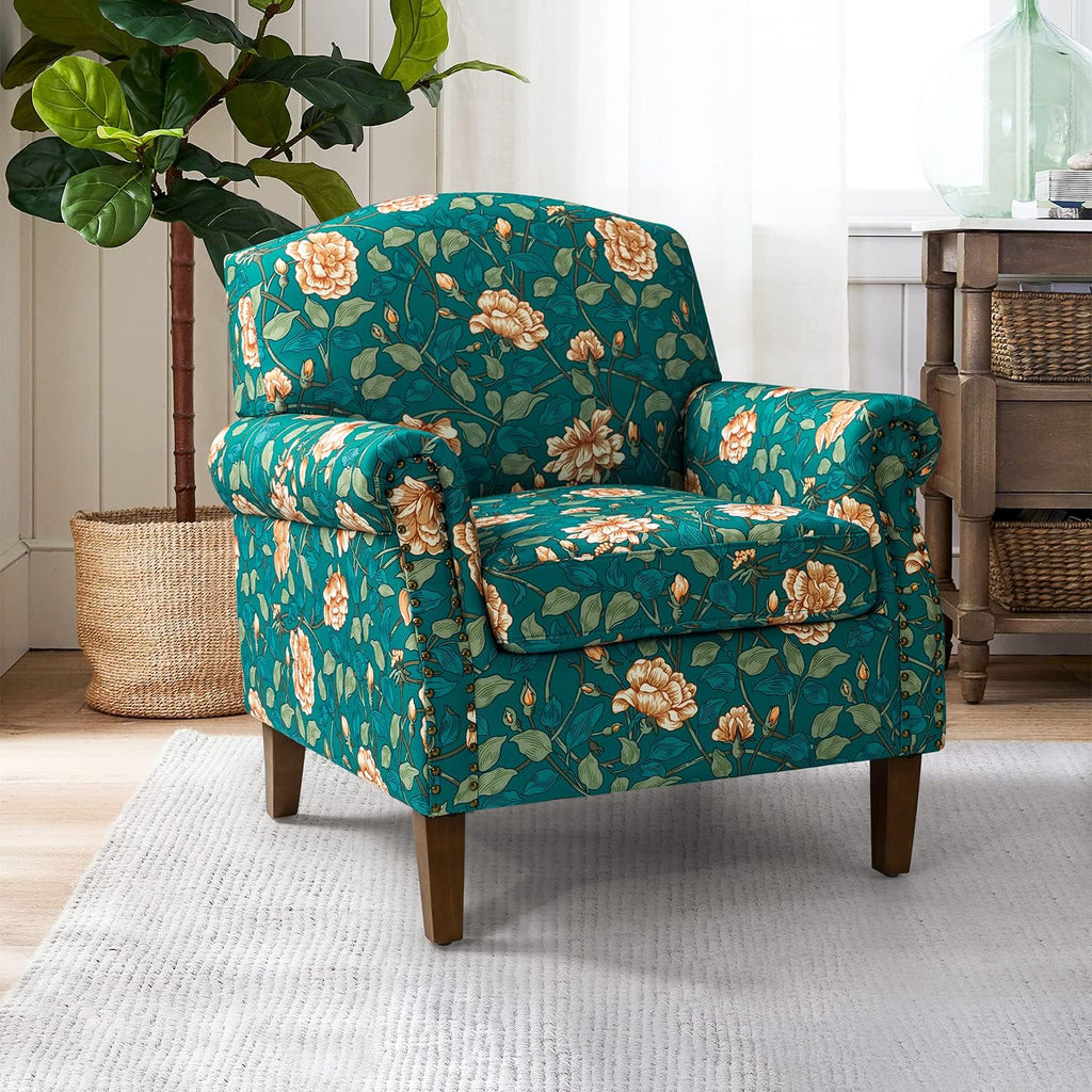 Teal Accent Chair with Wood Legs and Removable Cushion D8656