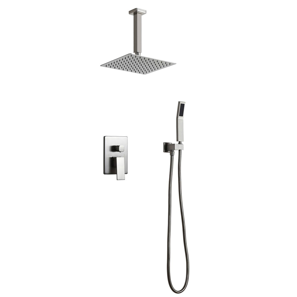 Brushed Nickel Wall Mounted Shower Set with Square Ceiling Mount Rainfall Shower Head L374188