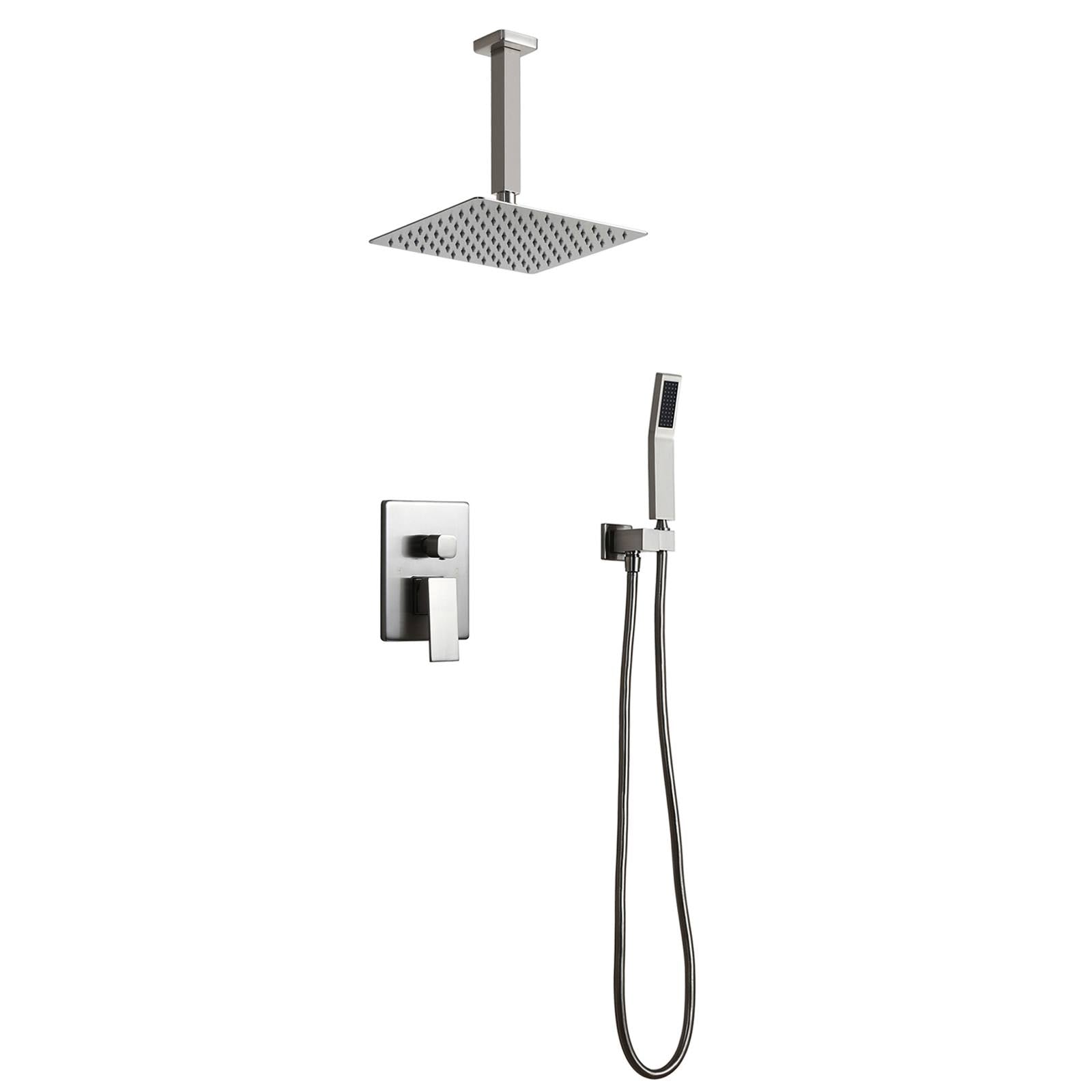 Brushed Nickel Wall Mounted Shower Set with Square Ceiling Mount Rainfall Shower Head L374188