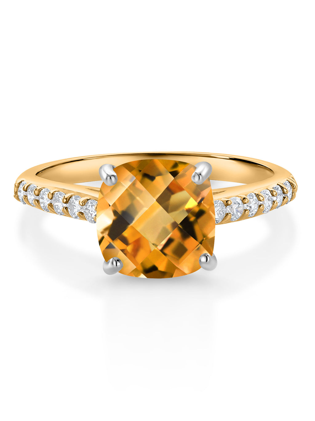Yellow Gold Cushion Checkerboard Cut Citrine and White Lab Grown Diamond Engagement Ring V452
