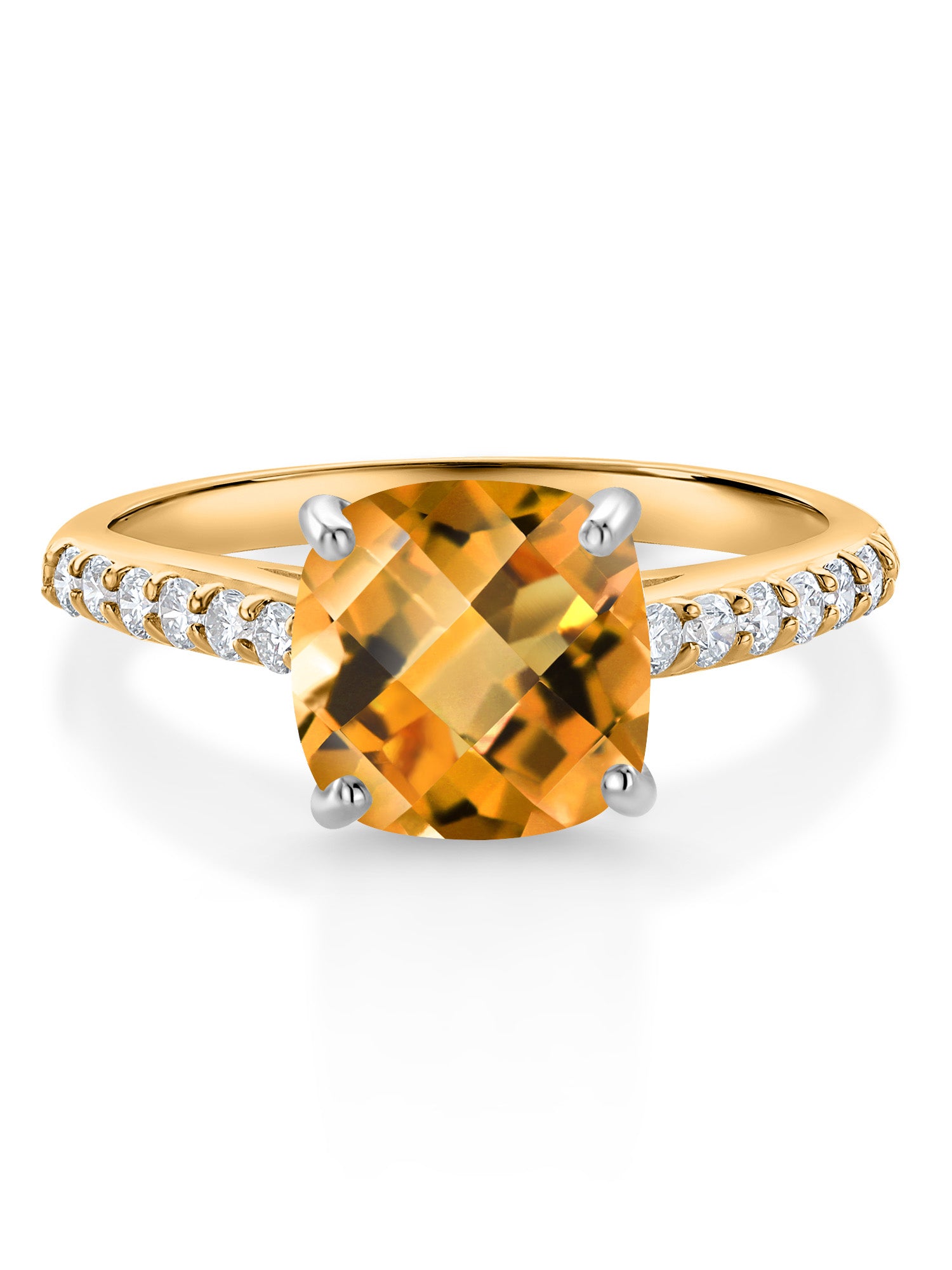 Yellow Gold Cushion Checkerboard Cut Citrine and White Lab Grown Diamond Engagement Ring V452