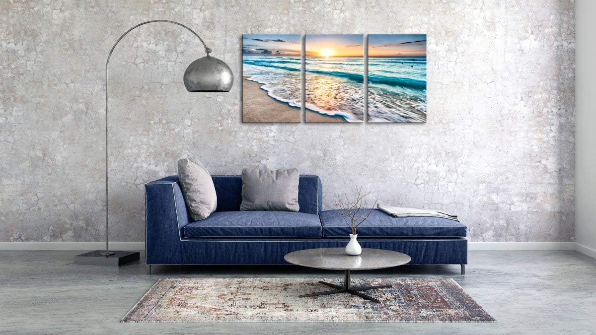 3 Panels Blue Beach Sunrise White Wave Canvas Wall Art S784