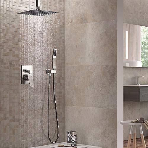 Brushed Nickel Wall Mounted Shower Set with Square Ceiling Mount Rainfall Shower Head L374188