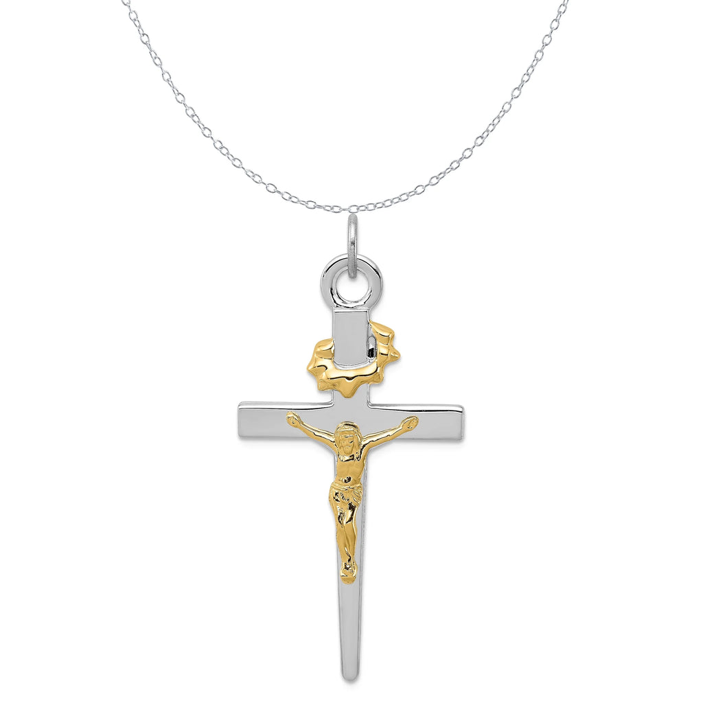 18K Gold Rhodium-Plated Sterling Silver Crucifix Charm Pendant with Sterling Silver Cable Chain Necklace O633807
