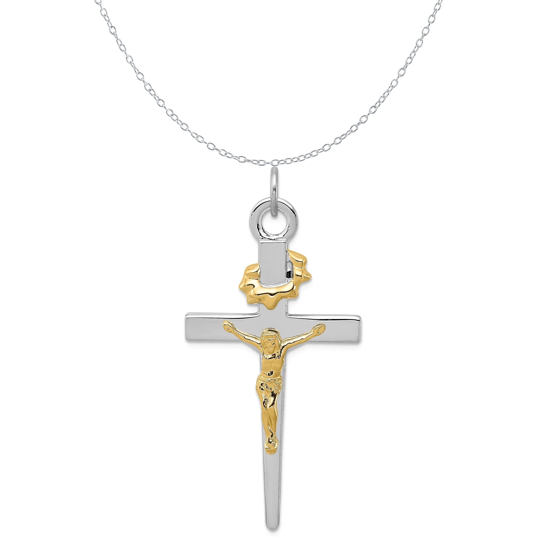 18K Gold Rhodium-Plated Sterling Silver Crucifix Charm Pendant with Sterling Silver Cable Chain Necklace O633807