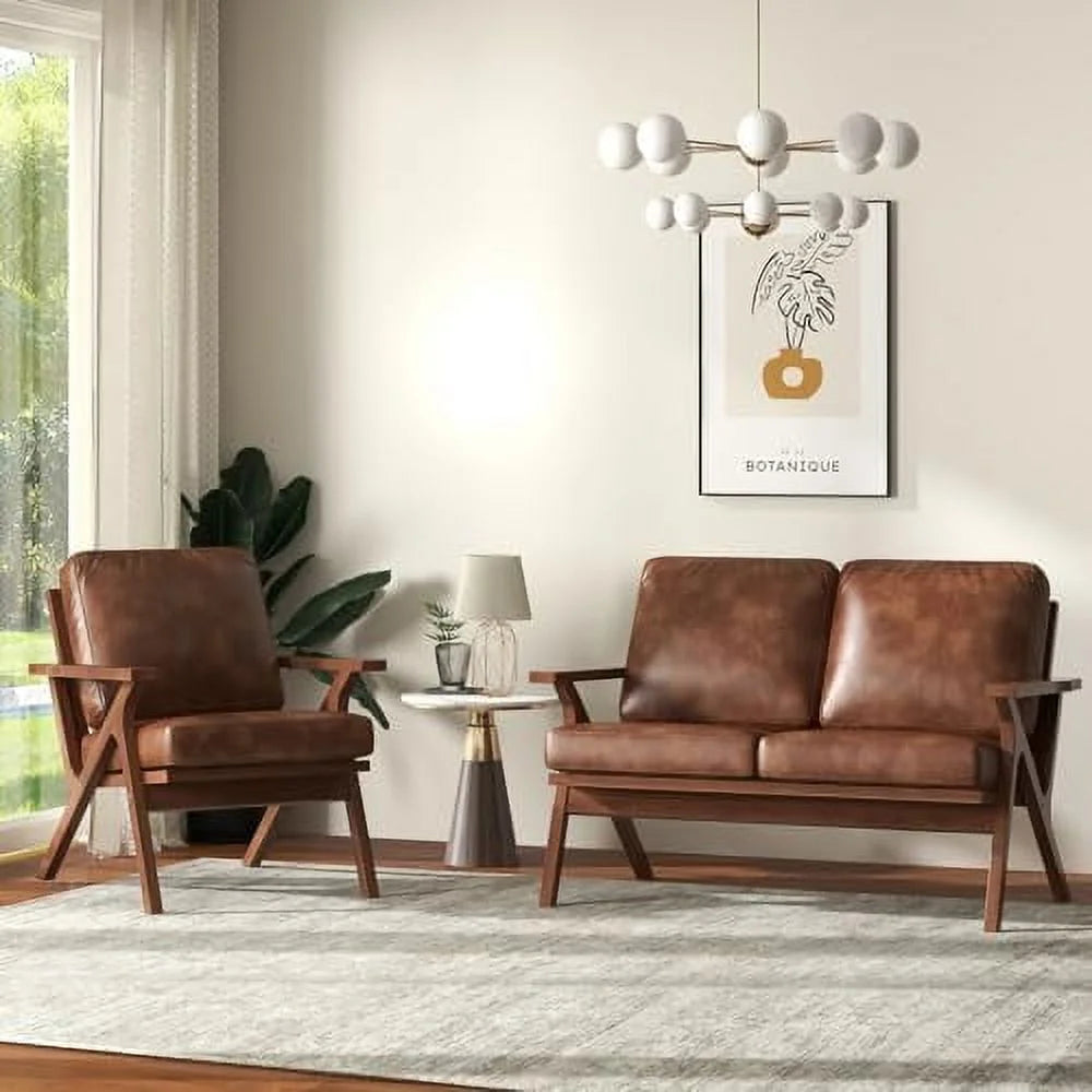Brown Faux Leather Accent Chair with Wooden Frame O7826
