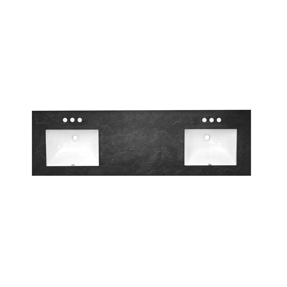 73 in. W x 22 in. Black Vanity Top with Double White Sinks and 4 in. Faucet Spread N3974