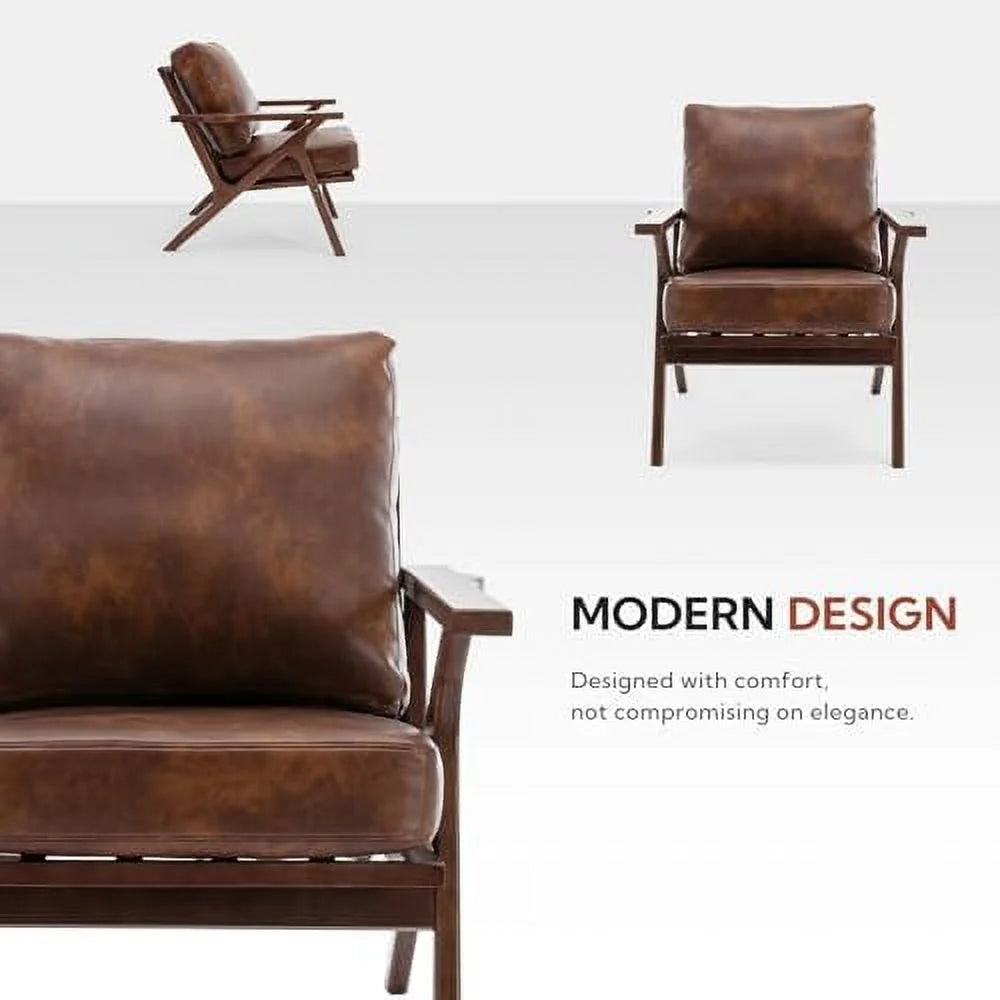 Brown Faux Leather Accent Chair with Wooden Frame O7826