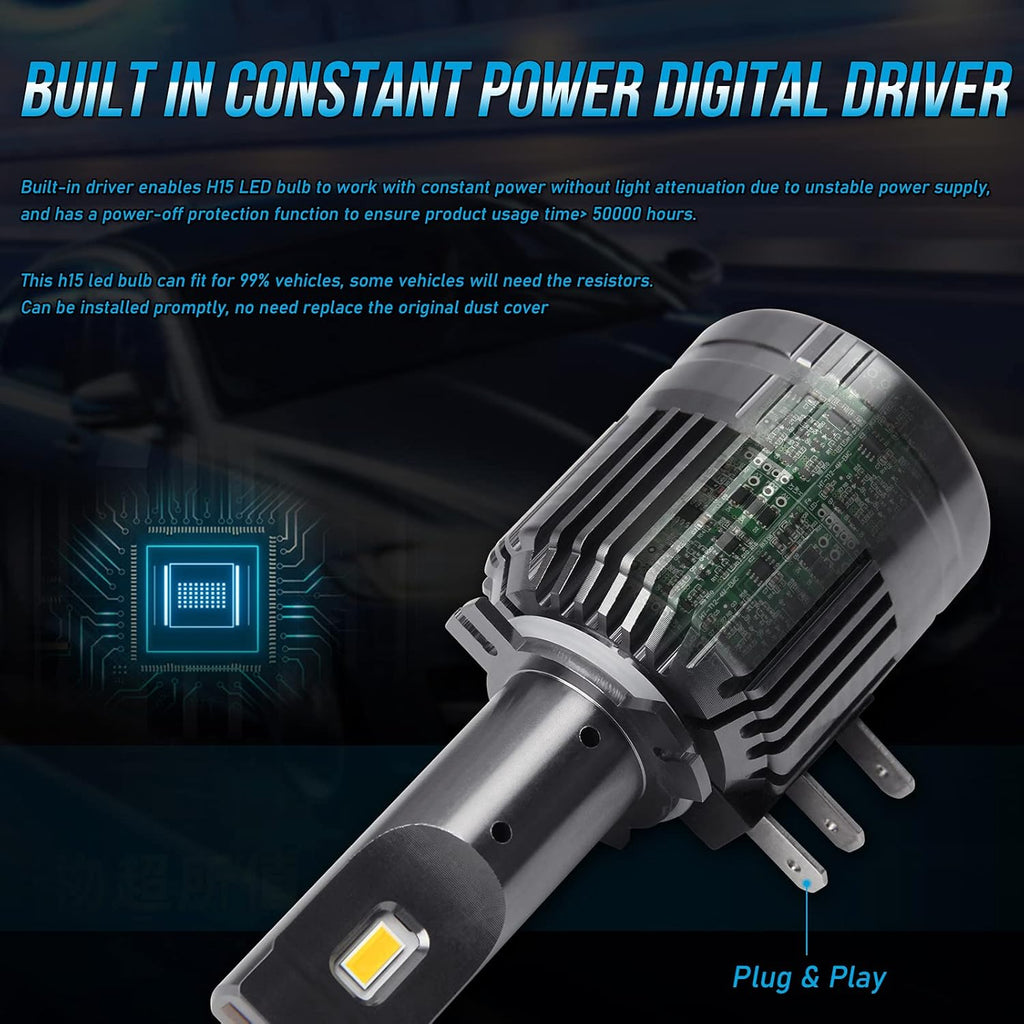 H15 LED Headlight Bulbs 60W 13200LM 6000K White Pack of 2 A315789