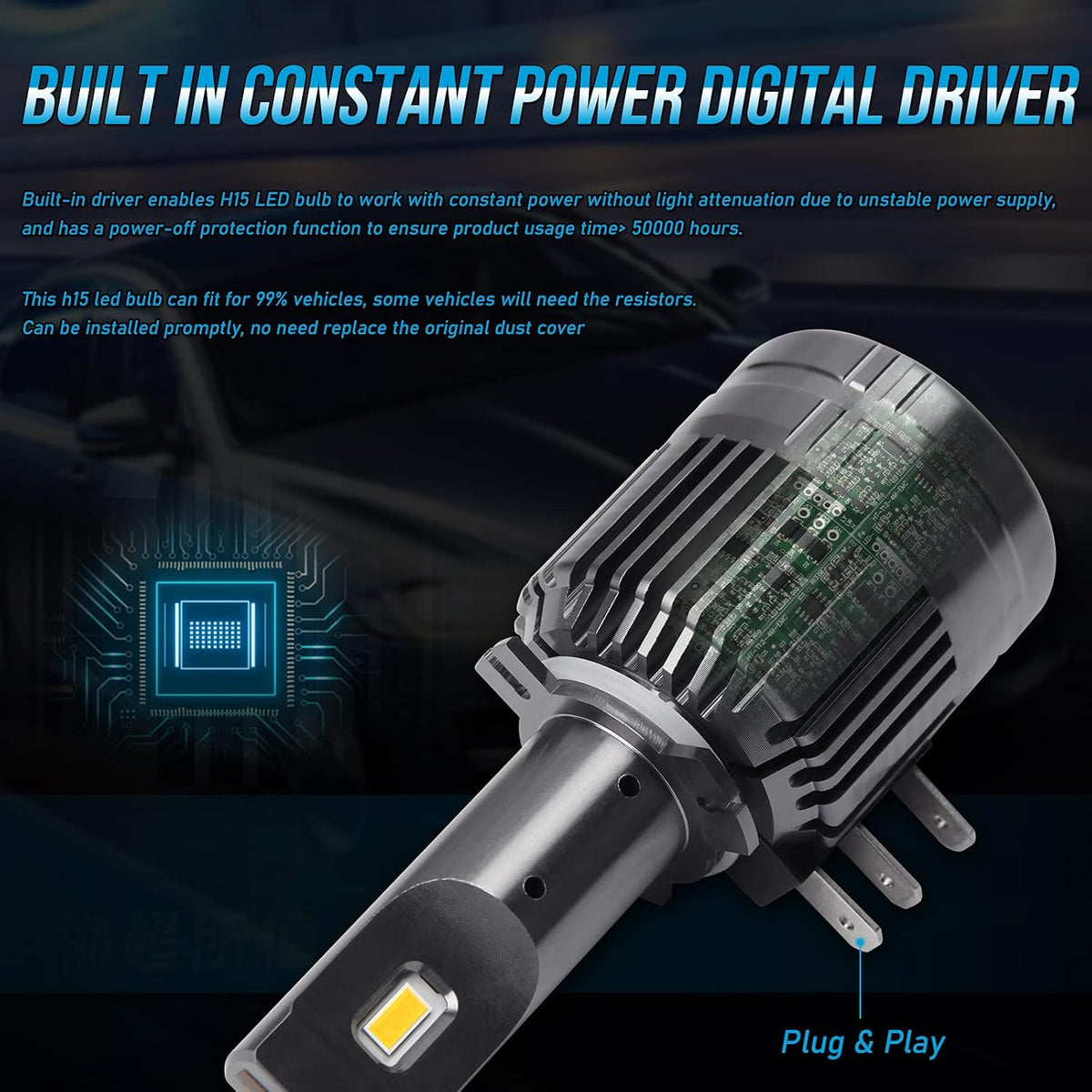 H15 LED Headlight Bulbs 60W 13200LM 6000K White Pack of 2 A315789