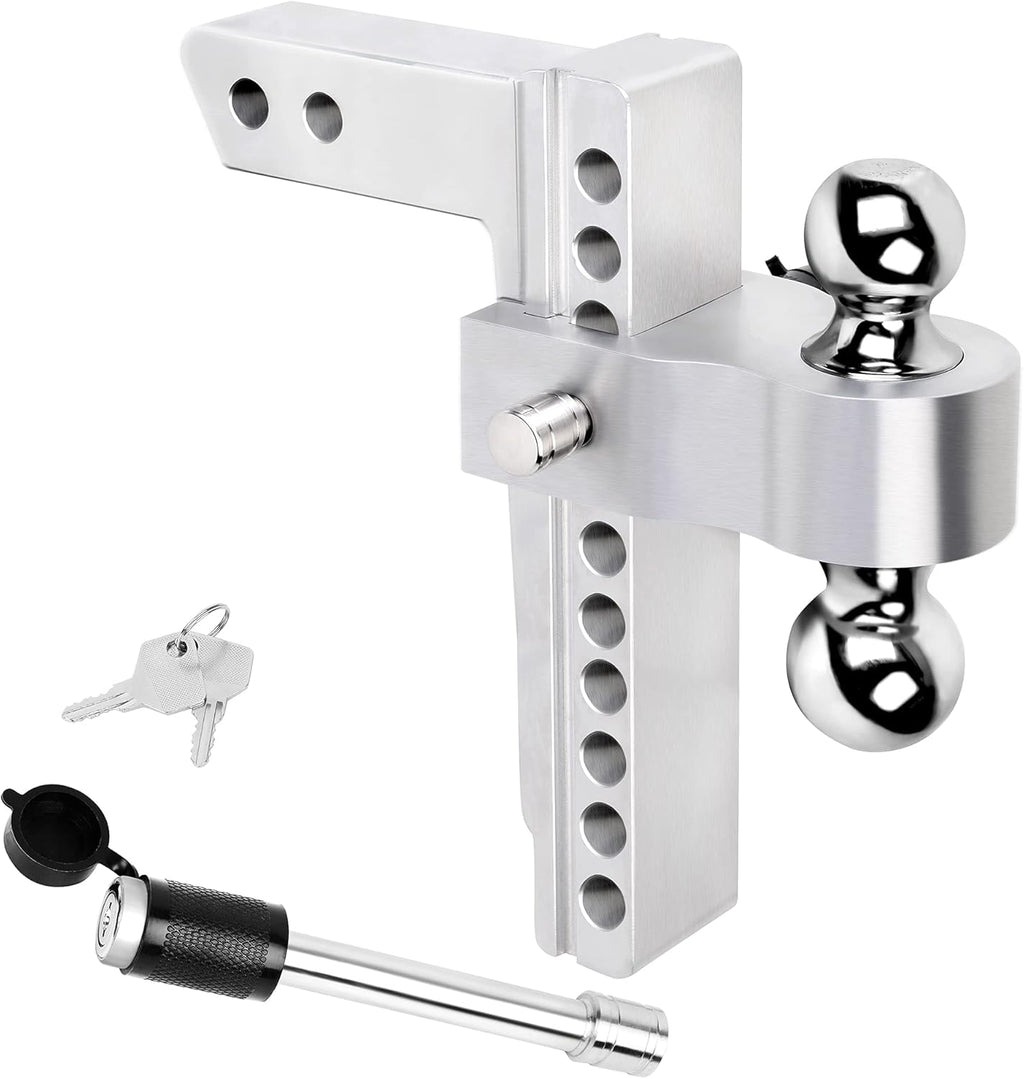 2 Inch Receiver Hitch, 8 Inch Drop/Rise, Dual Towing Balls with Double Pin Key Locks A201