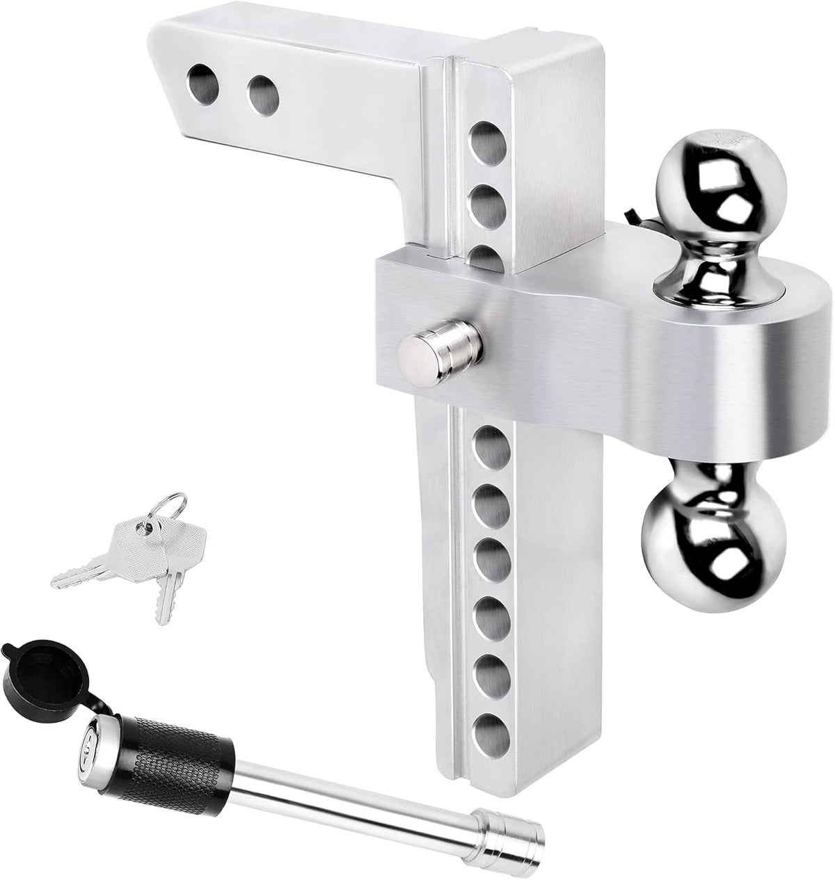 2 Inch Receiver Hitch, 8 Inch Drop/Rise, Dual Towing Balls with Double Pin Key Locks A201