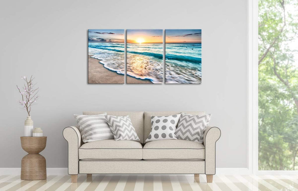3 Panels Blue Beach Sunrise White Wave Canvas Wall Art S784