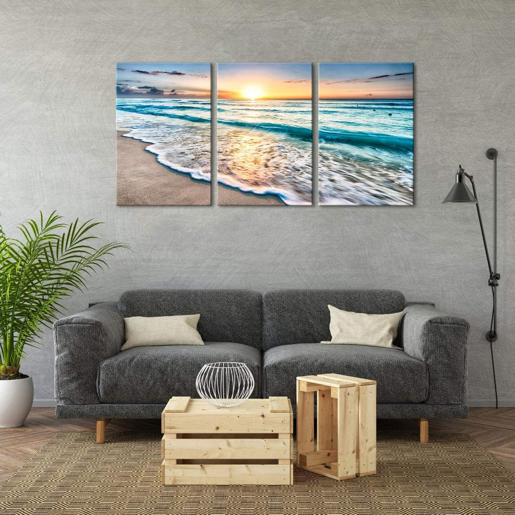 3 Panels Blue Beach Sunrise White Wave Canvas Wall Art S784