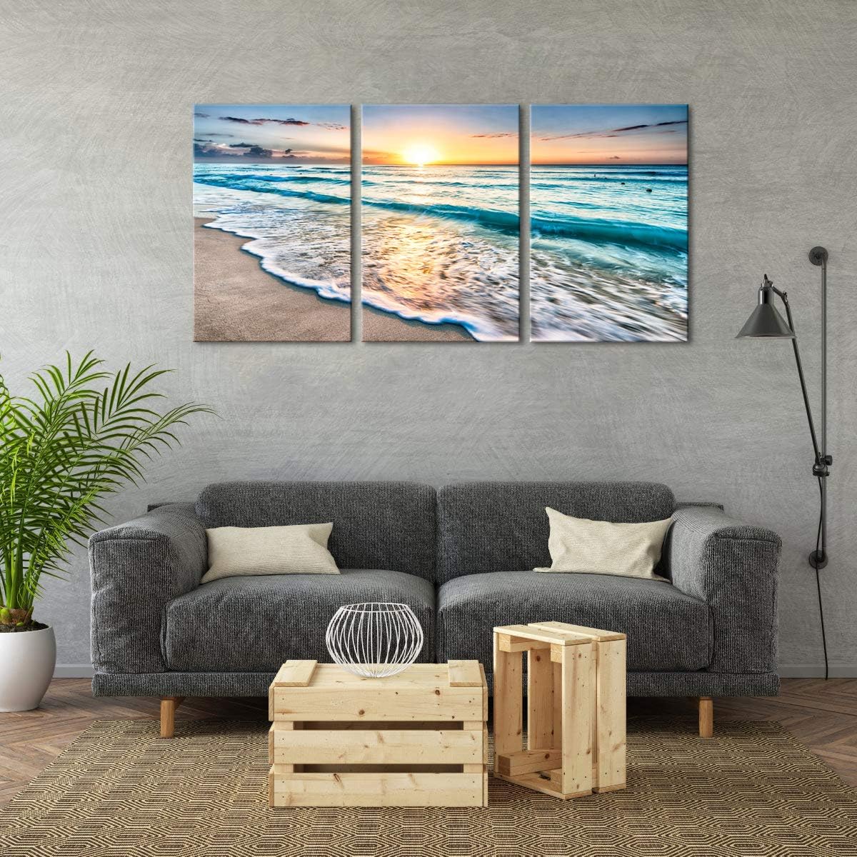 3 Panels Blue Beach Sunrise White Wave Canvas Wall Art S784