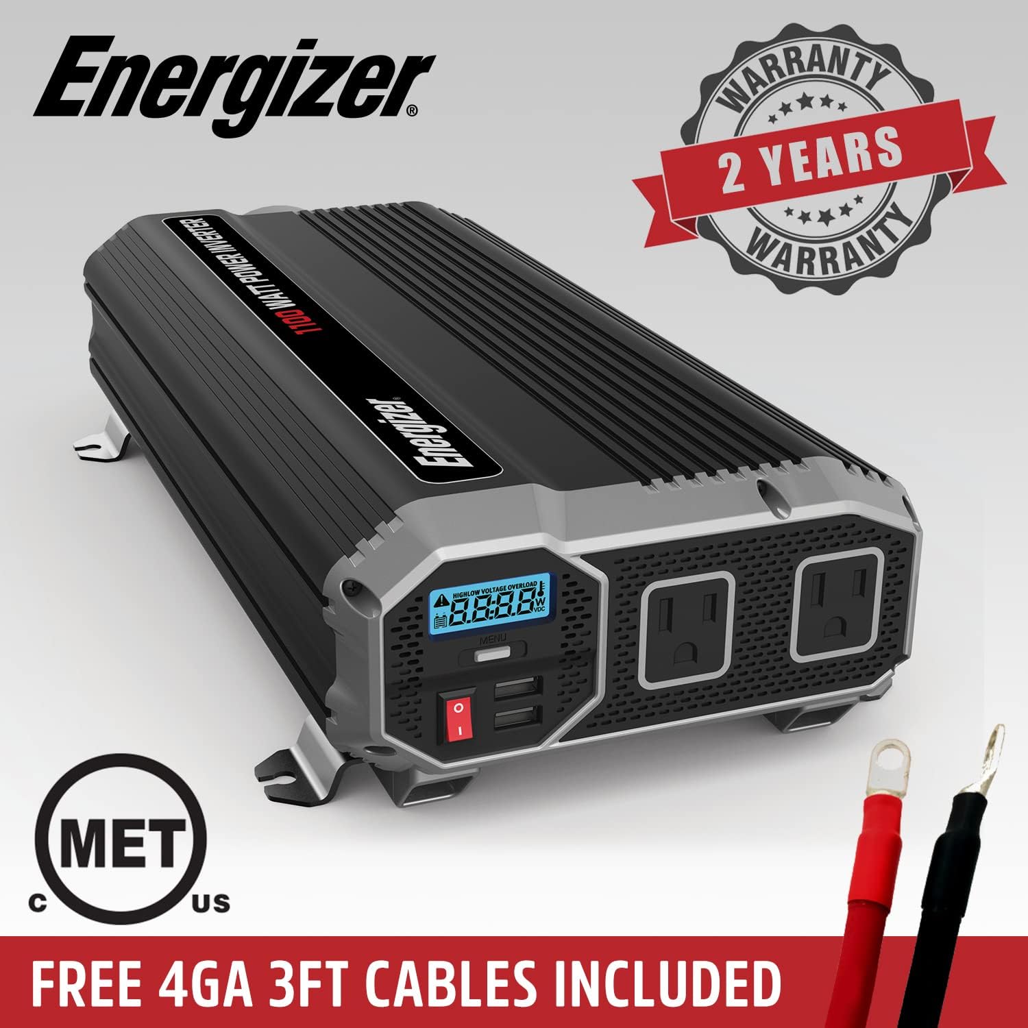 1100 Watts Power Inverter, 12V to 110 Volts, Two AC Outlets, Two USB Ports, Pack of 2 L7940