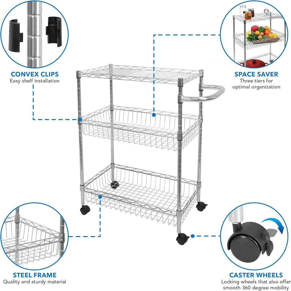 3-Tier Silver Metal Rolling Cart with Wheels B9733