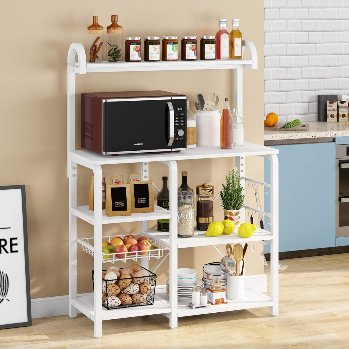 35.5 inches Industrial Kitchen Cart with Wire Basket and 6 Hooks (Black) D69679