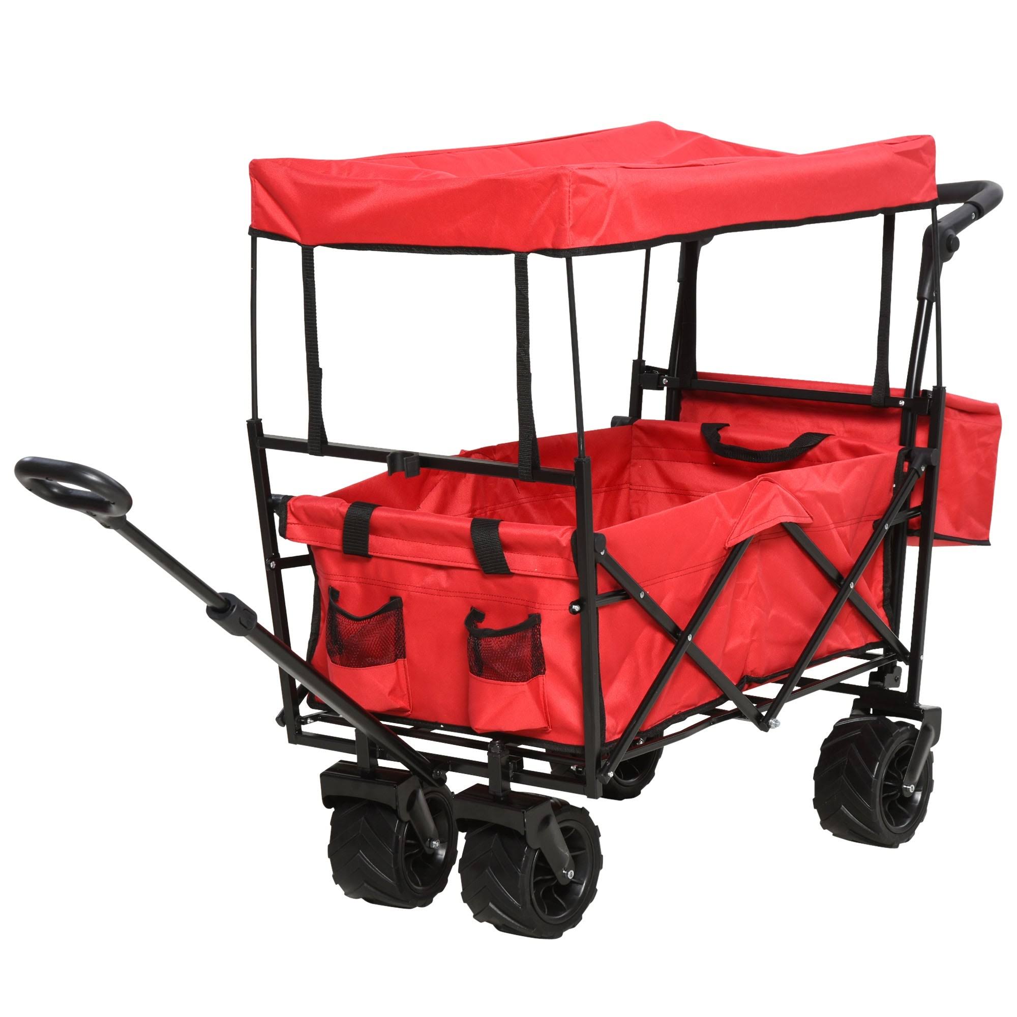 Red Collapsible Garden Utility Cart Wagon with Adjustable Handle, Canopy & All-Terrain Wheels A948739
