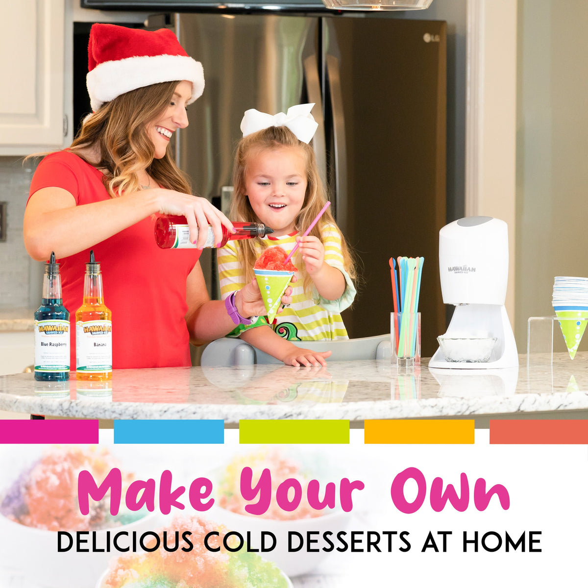 White Shaved Ice Machine Party Package with 3 Syrups and Supplies N511