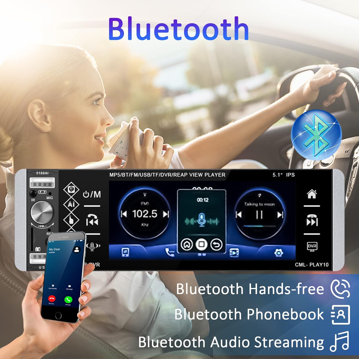 5.1 Inch HD Single Din Touchscreen Car Stereo with Bluetooth Backup Camera O924156