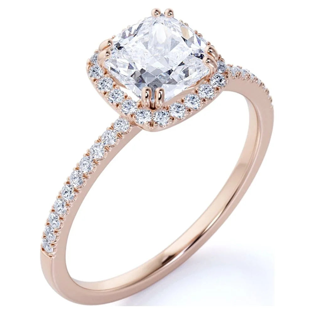 18k Rose Gold Over Silver Cushion Cut Moissanite Halo Engagement Ring U8535