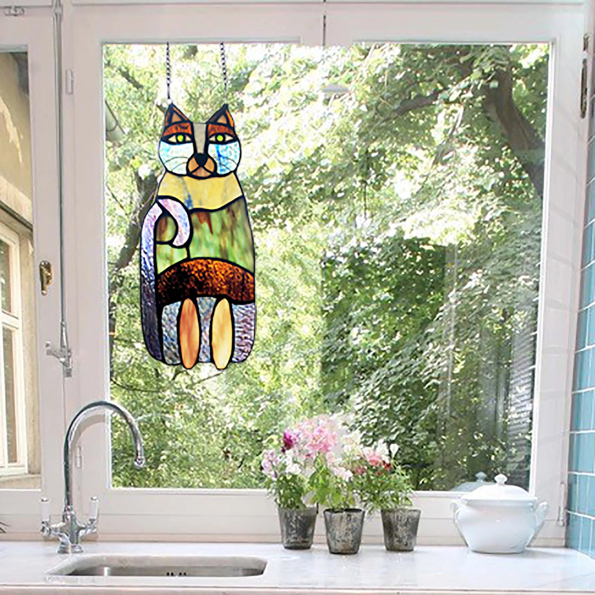 Crazy Cat Stained Glass Window Panel U954
