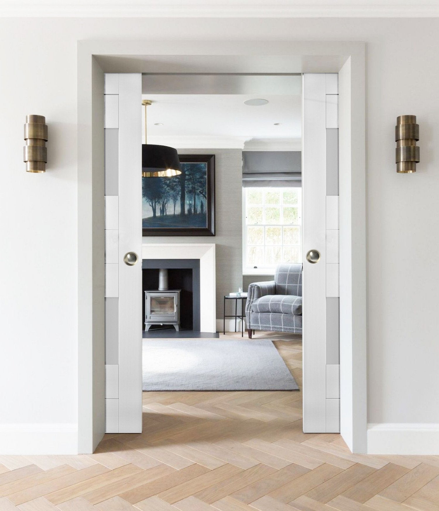 Sliding French Double Pocket Doors 36 x 96 inches Opaque Glass 2 Lites White Silk MDF Interior Doors P7504