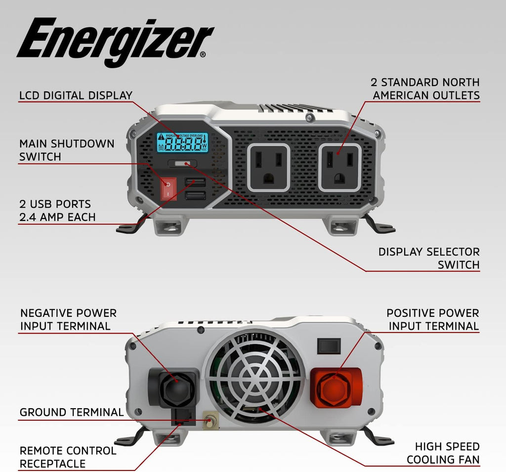 1100 Watts Power Inverter, 12V to 110 Volts, Two AC Outlets, Two USB Ports, Pack of 2 L7940