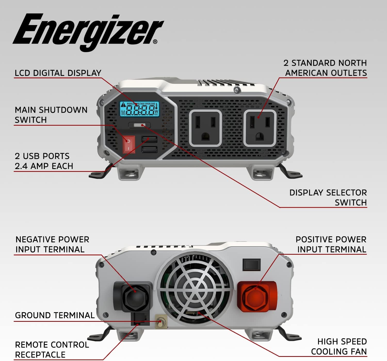 1100 Watts Power Inverter, 12V to 110 Volts, Two AC Outlets, Two USB Ports, Pack of 2 L7940