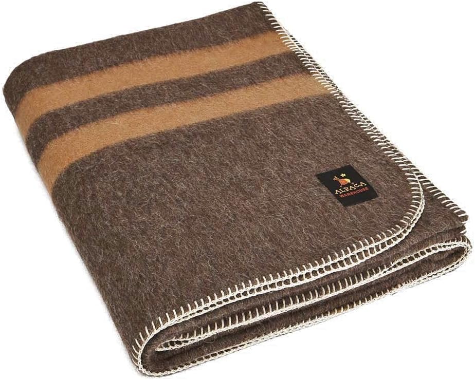 Twin Alpaca Wool Blanket in Orange - Dark Brown Stripes I861180