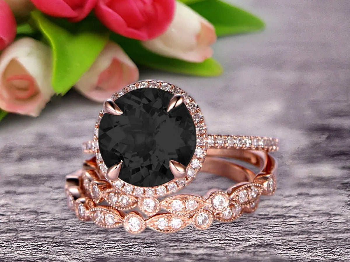 Black Diamond Moissanite Wedding Ring Set Engagement Ring 10k Rose Gold Stacking Matching Band 2.75 Carat Round Cut Gemstone L624701