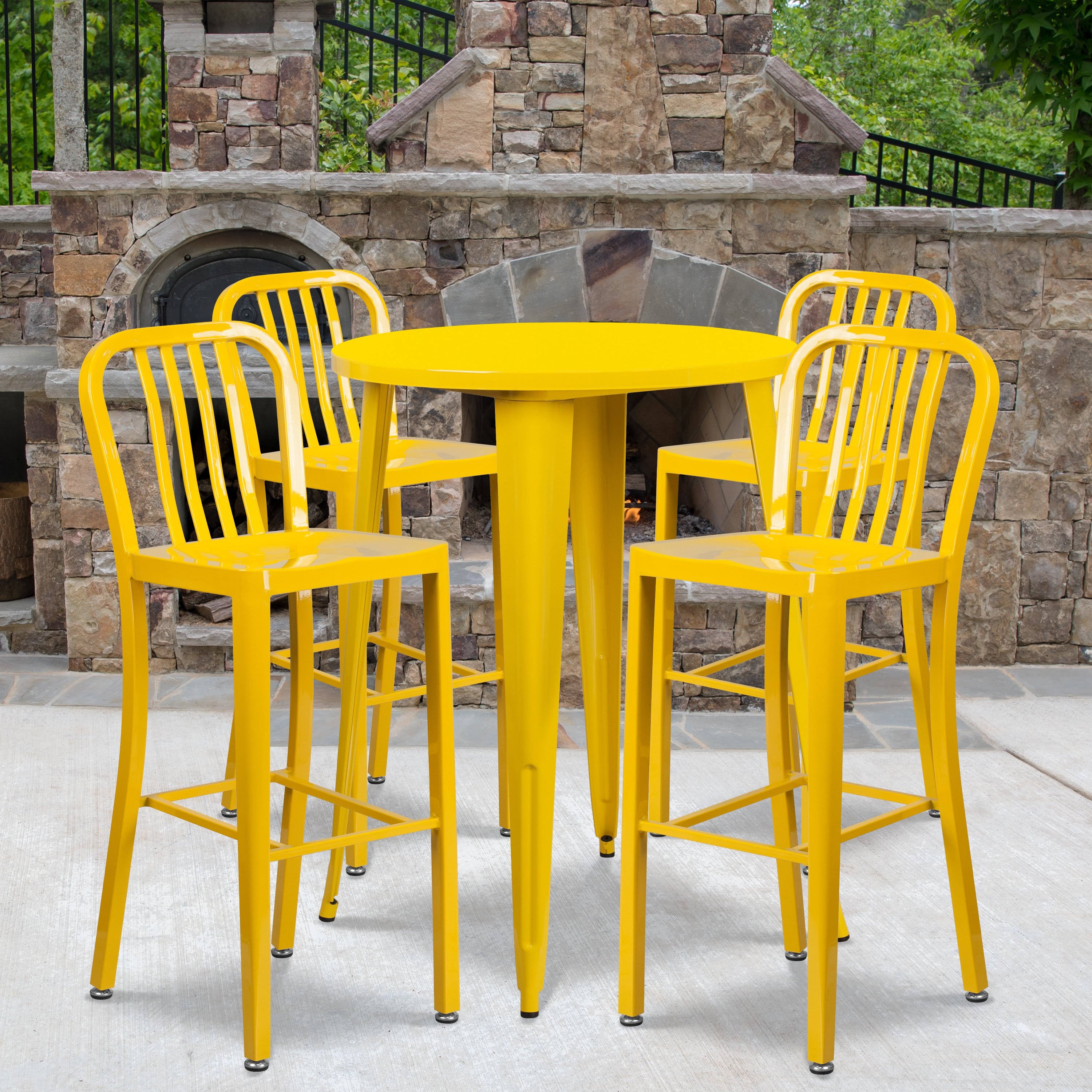 Yellow Metal Indoor-Outdoor Bar Table Set with 4 Vertical Slat Back L199686