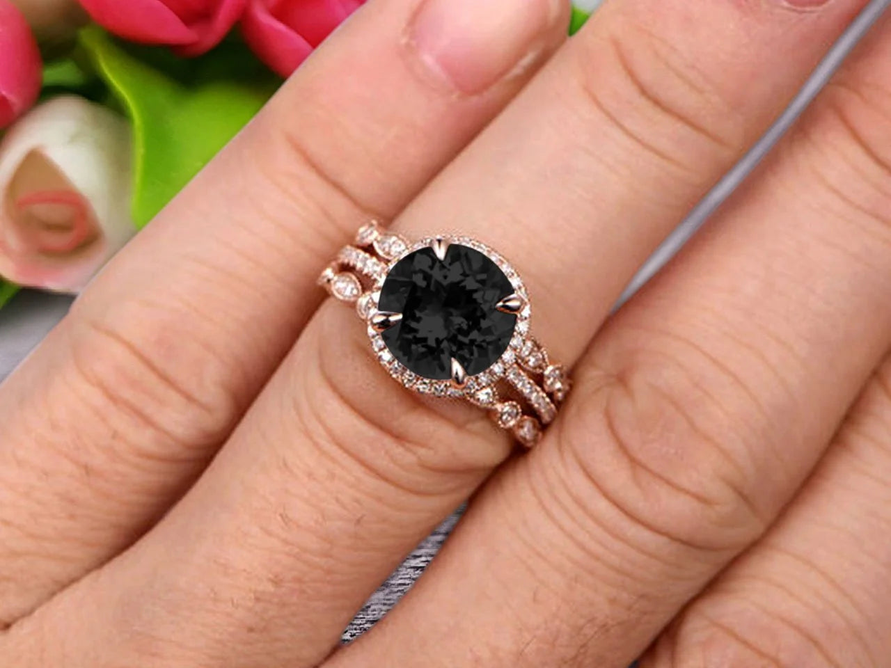 Black Diamond Moissanite Wedding Ring Set Engagement Ring 10k Rose Gold Stacking Matching Band 2.75 Carat Round Cut Gemstone L624701