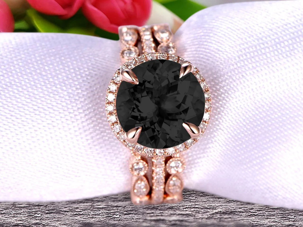 Black Diamond Moissanite Wedding Ring Set Engagement Ring 10k Rose Gold Stacking Matching Band 2.75 Carat Round Cut Gemstone L624701