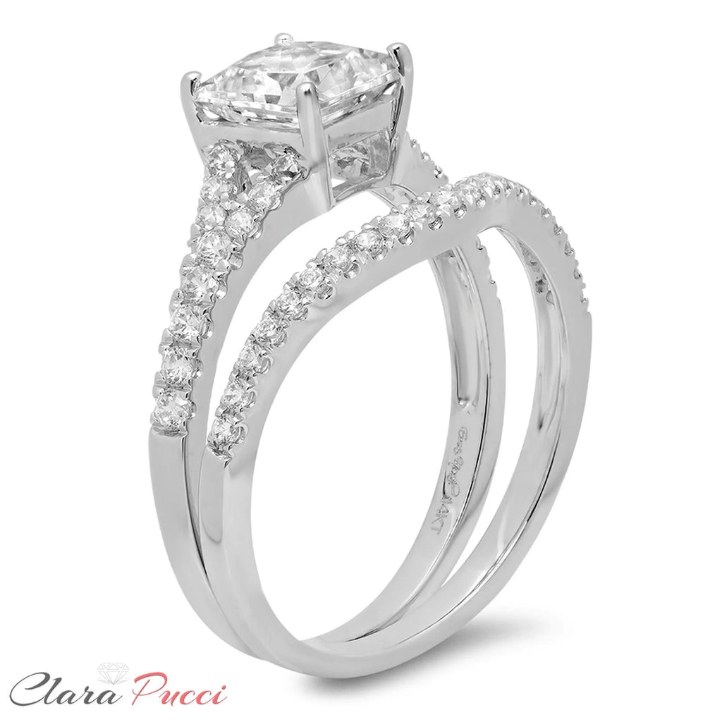 Princess Cut Clear Lab Created Moissanite 18k White Gold Ring Band Set sz 3.5 I89970