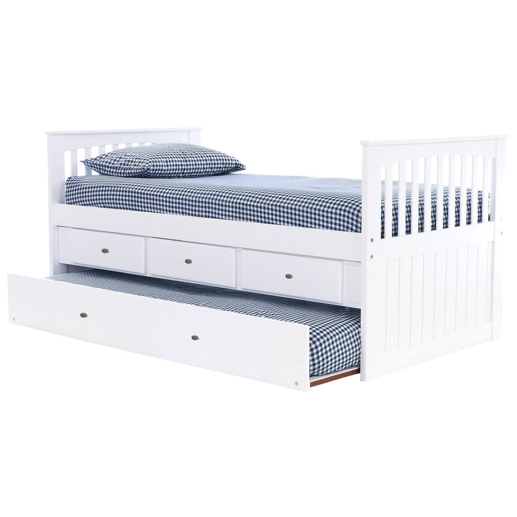 White Twin Rake Bed with Trundle Unit and 3-Drawers O2559