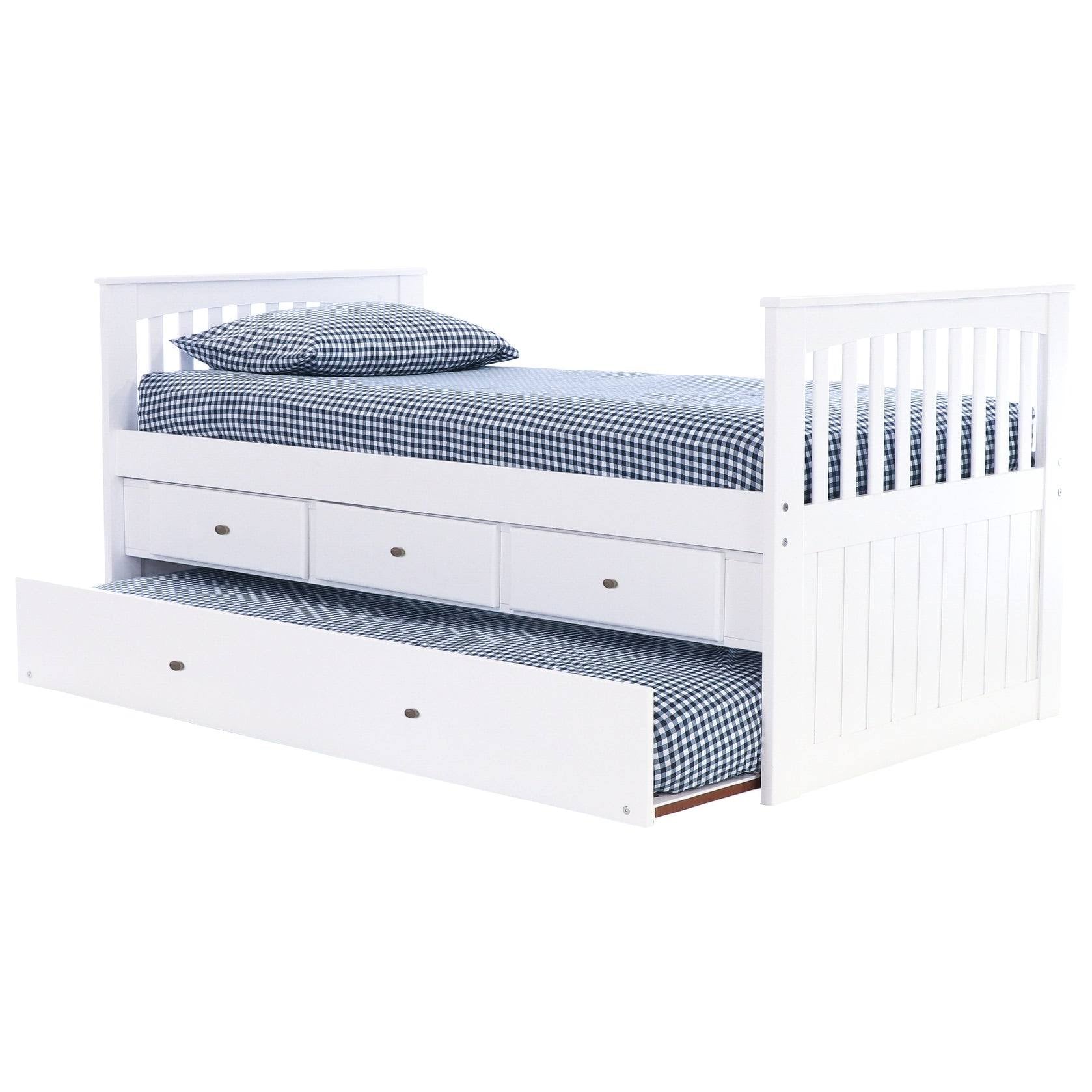 White Twin Rake Bed with Trundle Unit and 3-Drawers O2559