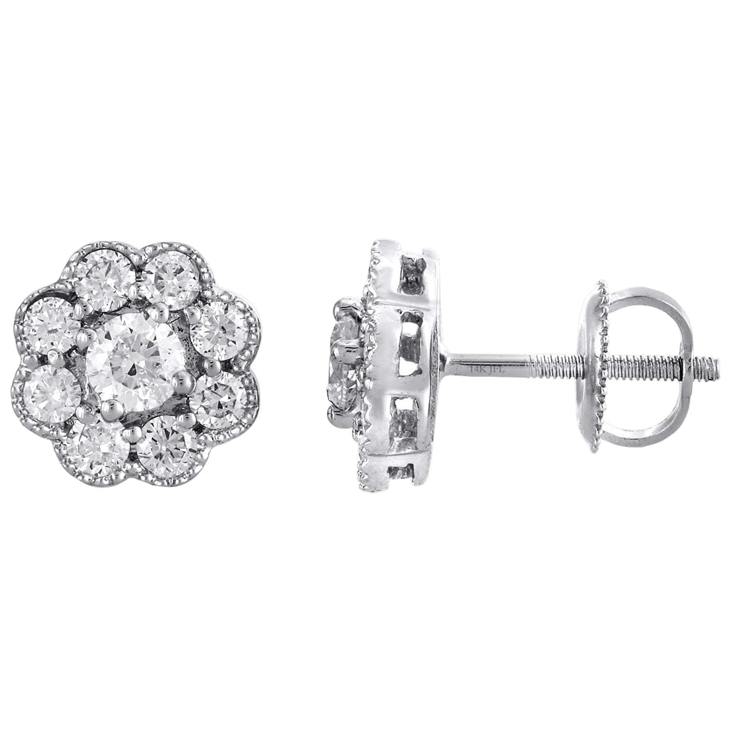14K White Gold Solitaire Diamond Flower Stud Earrings 1 CT. C425