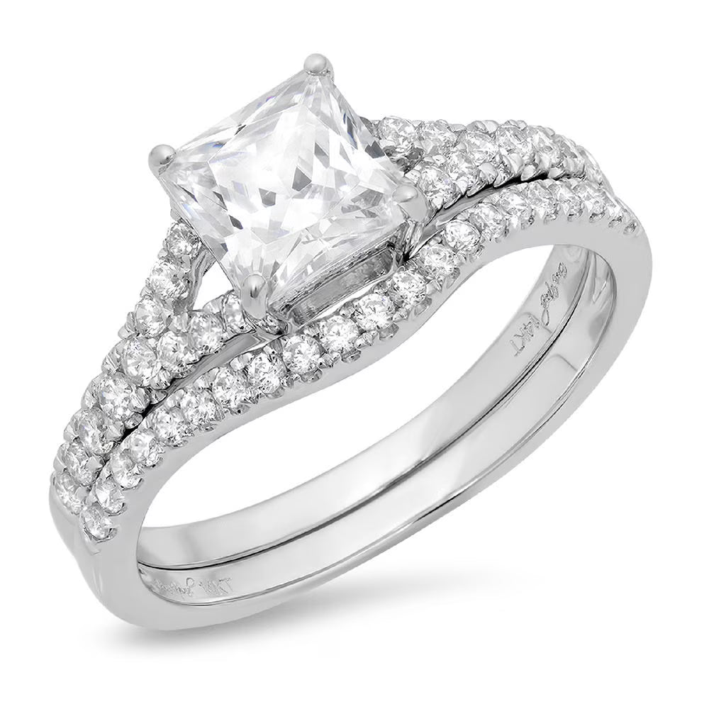 Princess Cut Clear Lab Created Moissanite 18k White Gold Ring Band Set sz 3.5 I89970