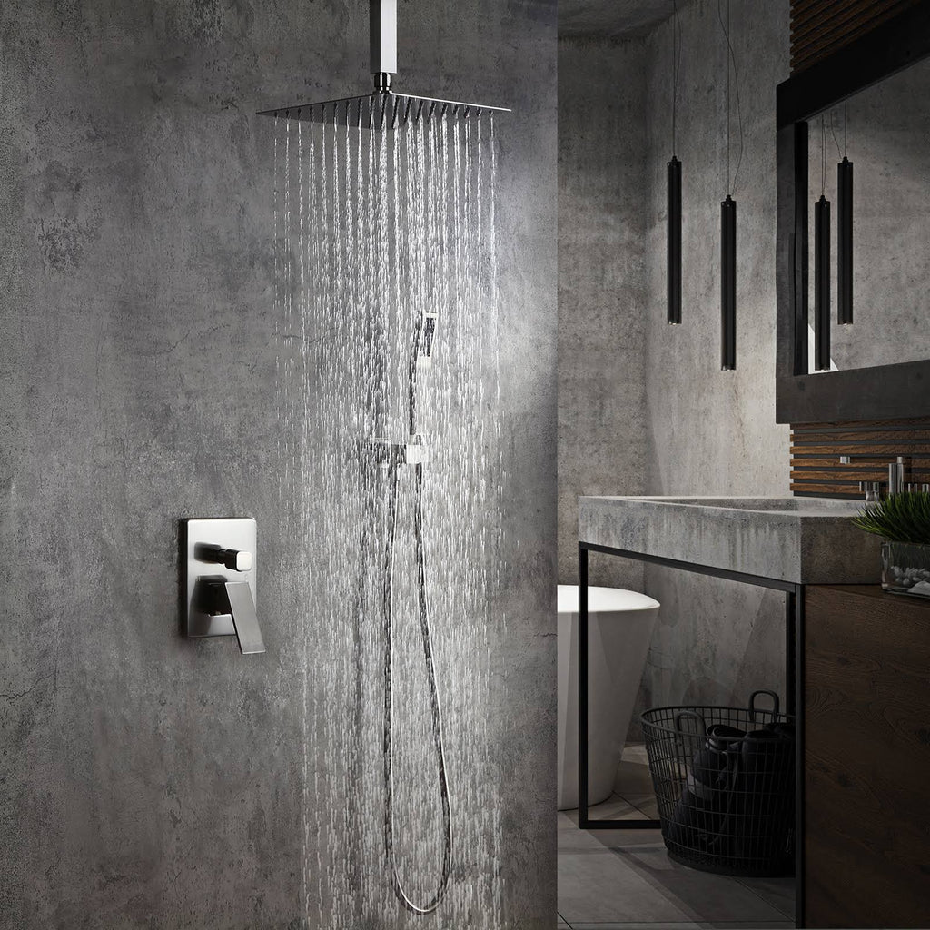 Brushed Nickel Wall Mounted Shower Set with Square Ceiling Mount Rainfall Shower Head L374188