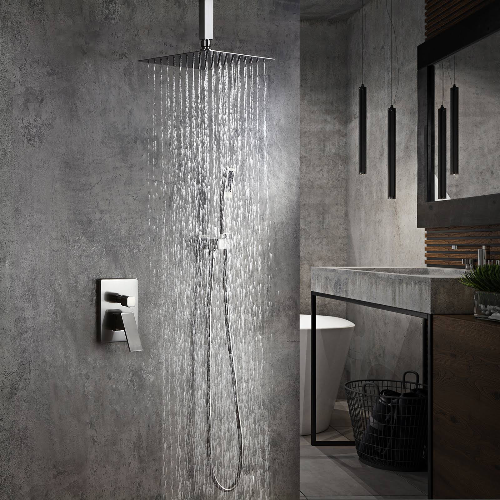 Brushed Nickel Wall Mounted Shower Set with Square Ceiling Mount Rainfall Shower Head L374188