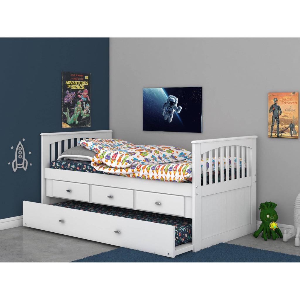 White Twin Rake Bed with Trundle Unit and 3-Drawers O2559